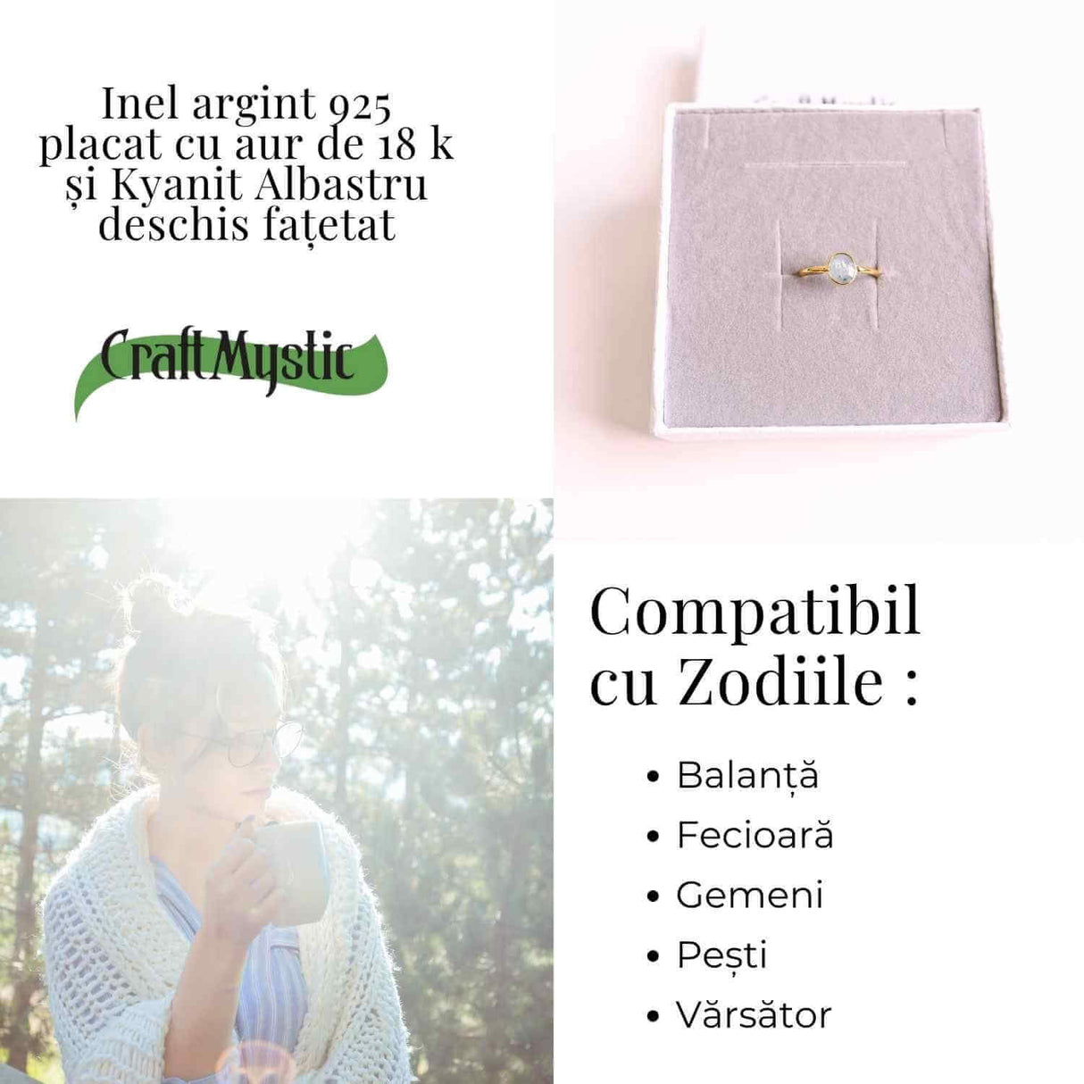 Inel cu Kyanit Albastru Deschis Fatetat din Argint 925 placat cu Aur de 18K 1.50 gr M53/6.5- Claritate Mentala si Echilibru Energetic