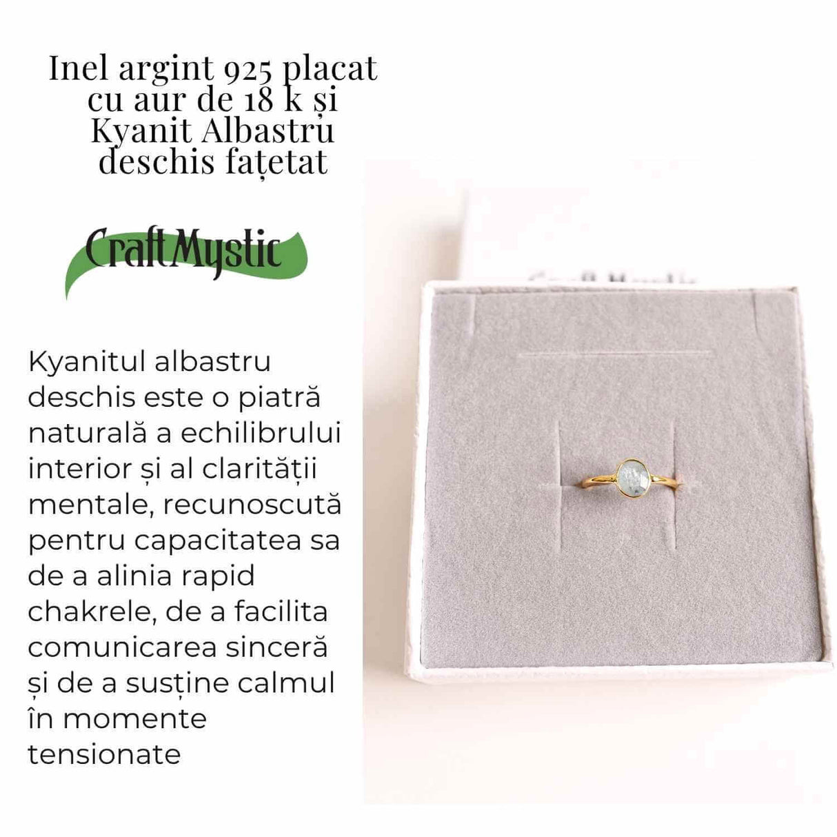 Inel cu Kyanit Albastru Deschis Fatetat din Argint 925 placat cu Aur de 18K 1.50 gr M53/6.5- Claritate Mentala si Echilibru Energetic