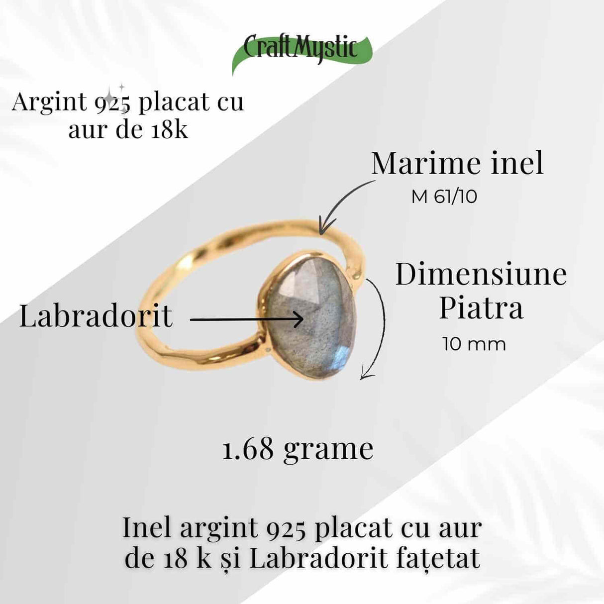 Inel cu Labradorit Fatetat din Argint 925 placat cu Aur de 18K M 49/5 - Intuitie Amplificata Si Protectie Energetica