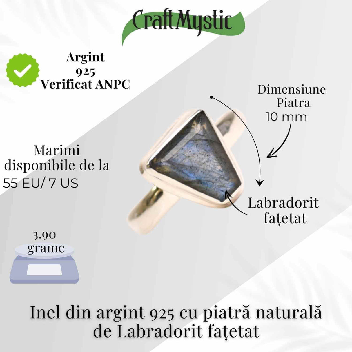 Inel Argint 925 cu Labradorit fatetat froma Triunghi - Protectie si Putere Interioara