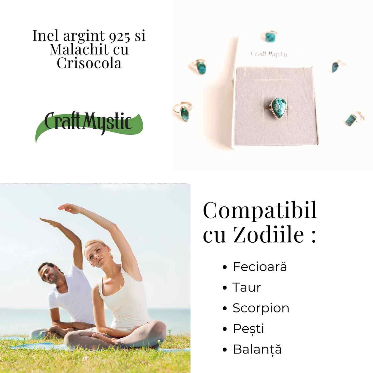 Inel cu Malachit si Crisocola Montura din Argint 925 - Protectie energetica si echilibru emotional, 6.12 gr