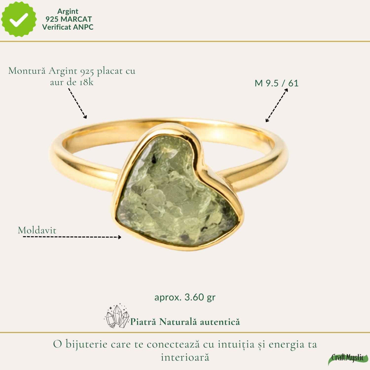 Inel cu Moldavit Autentic si Argint 925 Placat cu Aur 18K, M9.5/61 - Crestere Spirituala si Forta Interioara