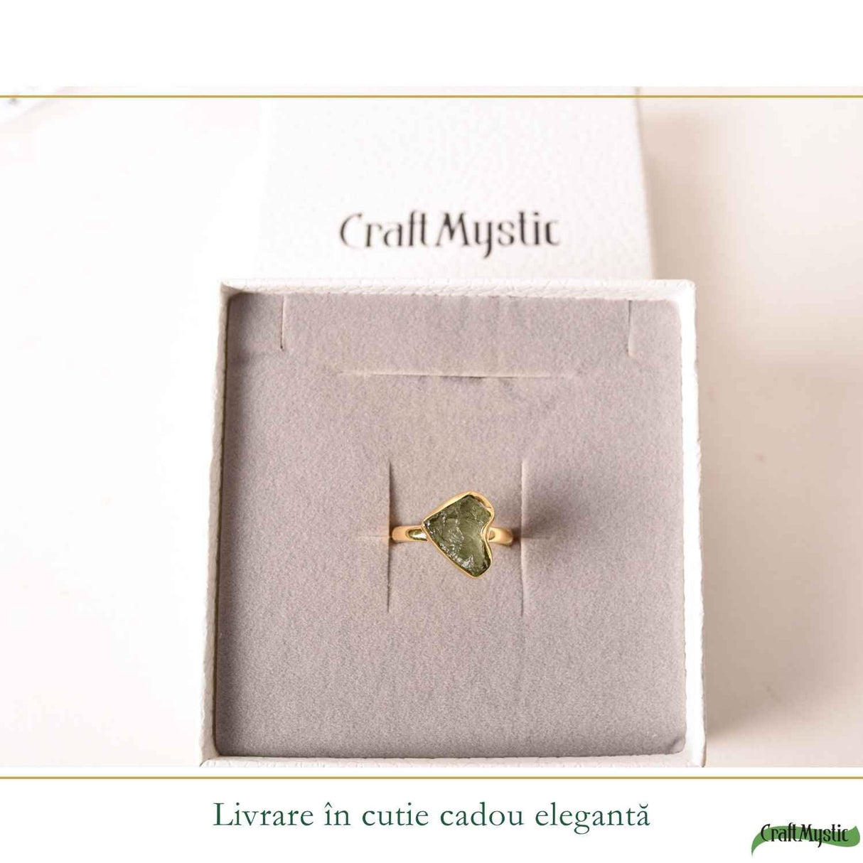 Inel cu Moldavit Autentic si Argint 925 Placat cu Aur 18K, M9.5/61 - Crestere Spirituala si Forta Interioara