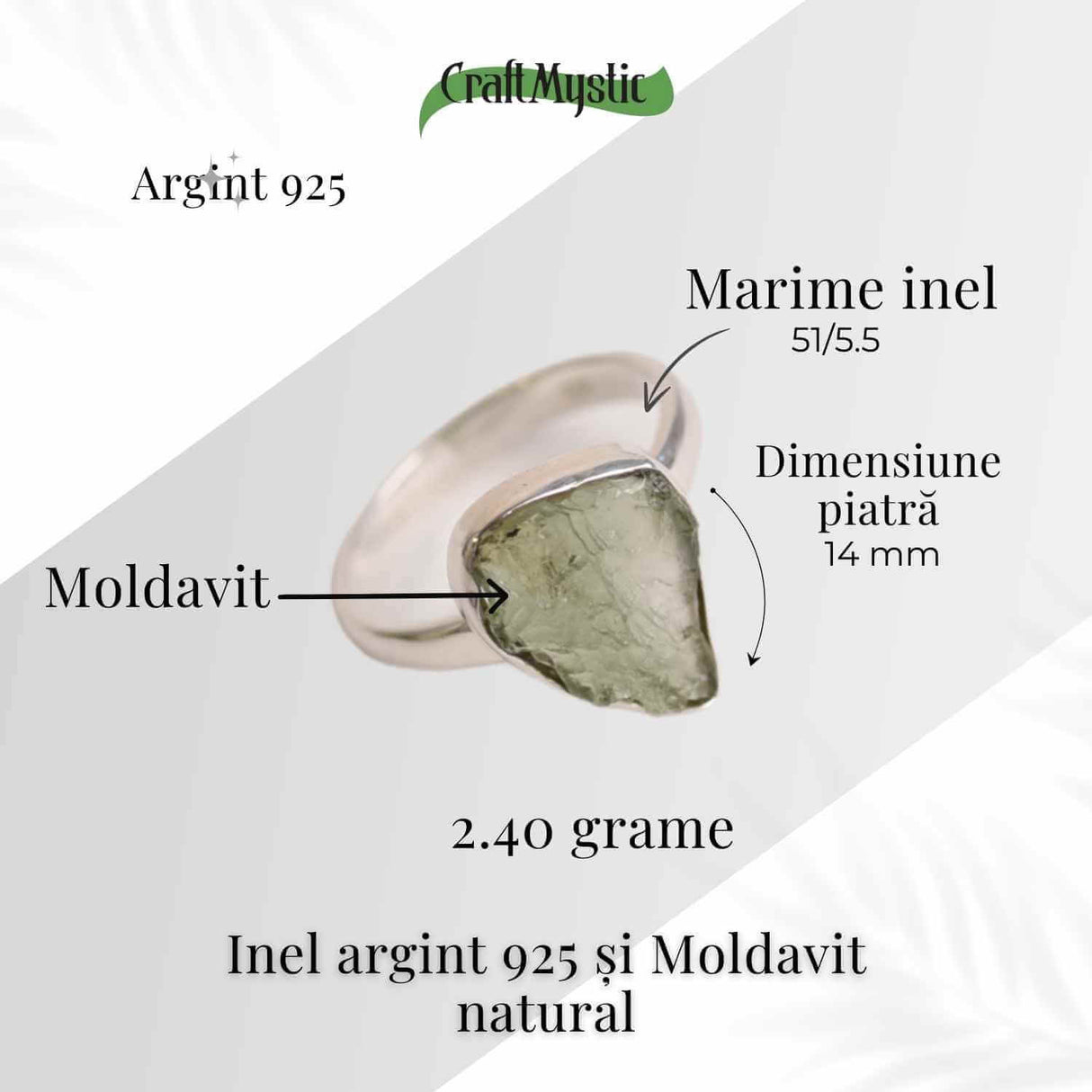 Inel cu Moldavit natural si montura argint 925 marime 51 - Claritate mentala si putere personala