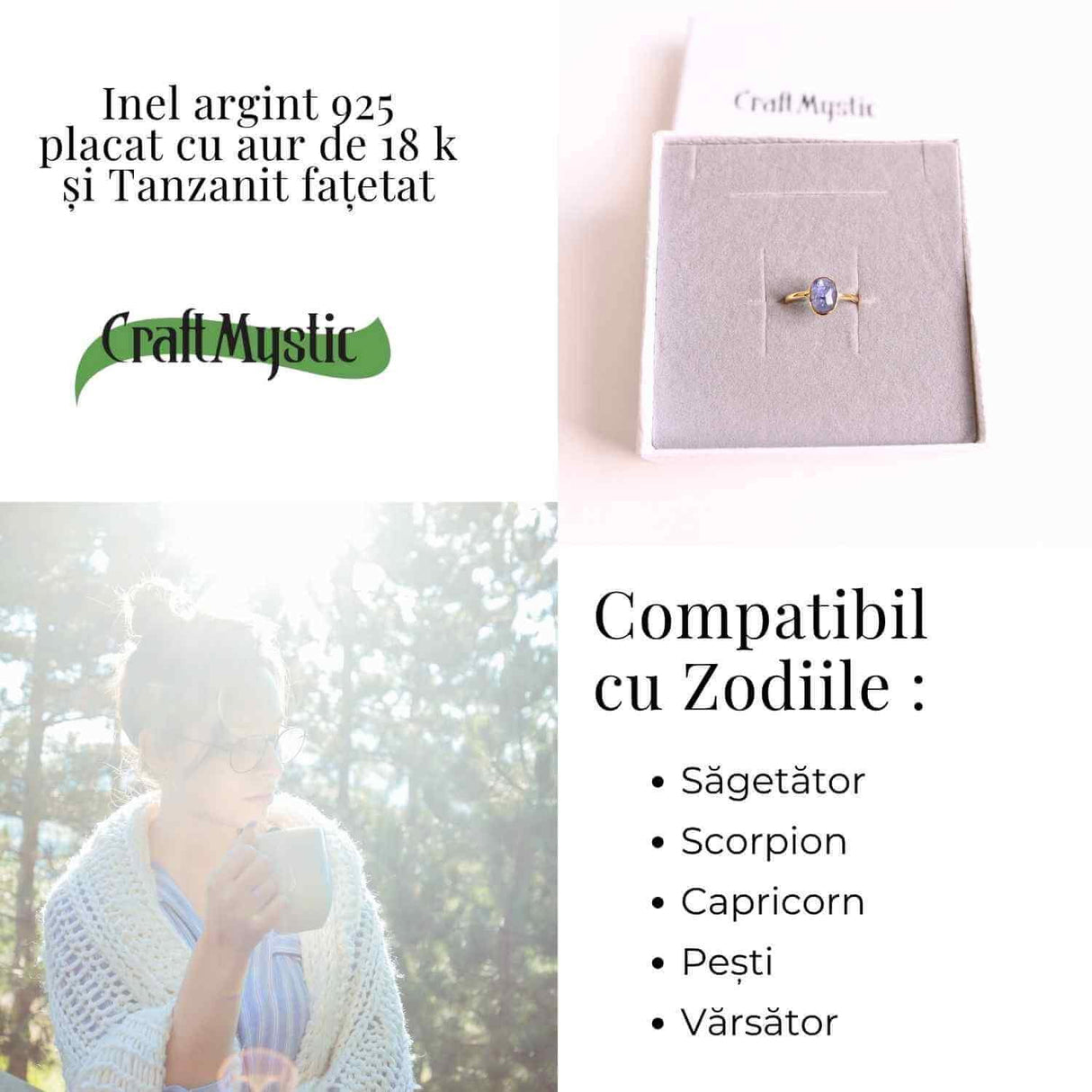 Inel cu Tanzanit Fatetat din Argint 925 placat cu Aur de 18K 1.53 gr M53/6.5 - Claritate Mentala si Activare Spirituala