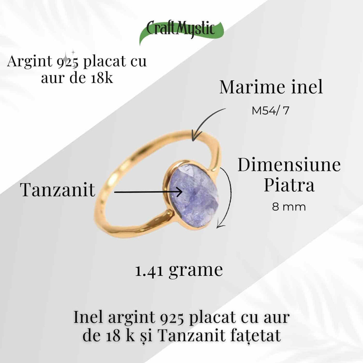 Inel cu Tanzanit Fatetat din Argint 925 placat cu Aur de 18K 1.53 gr M53/6.5 - Claritate Mentala si Activare Spirituala