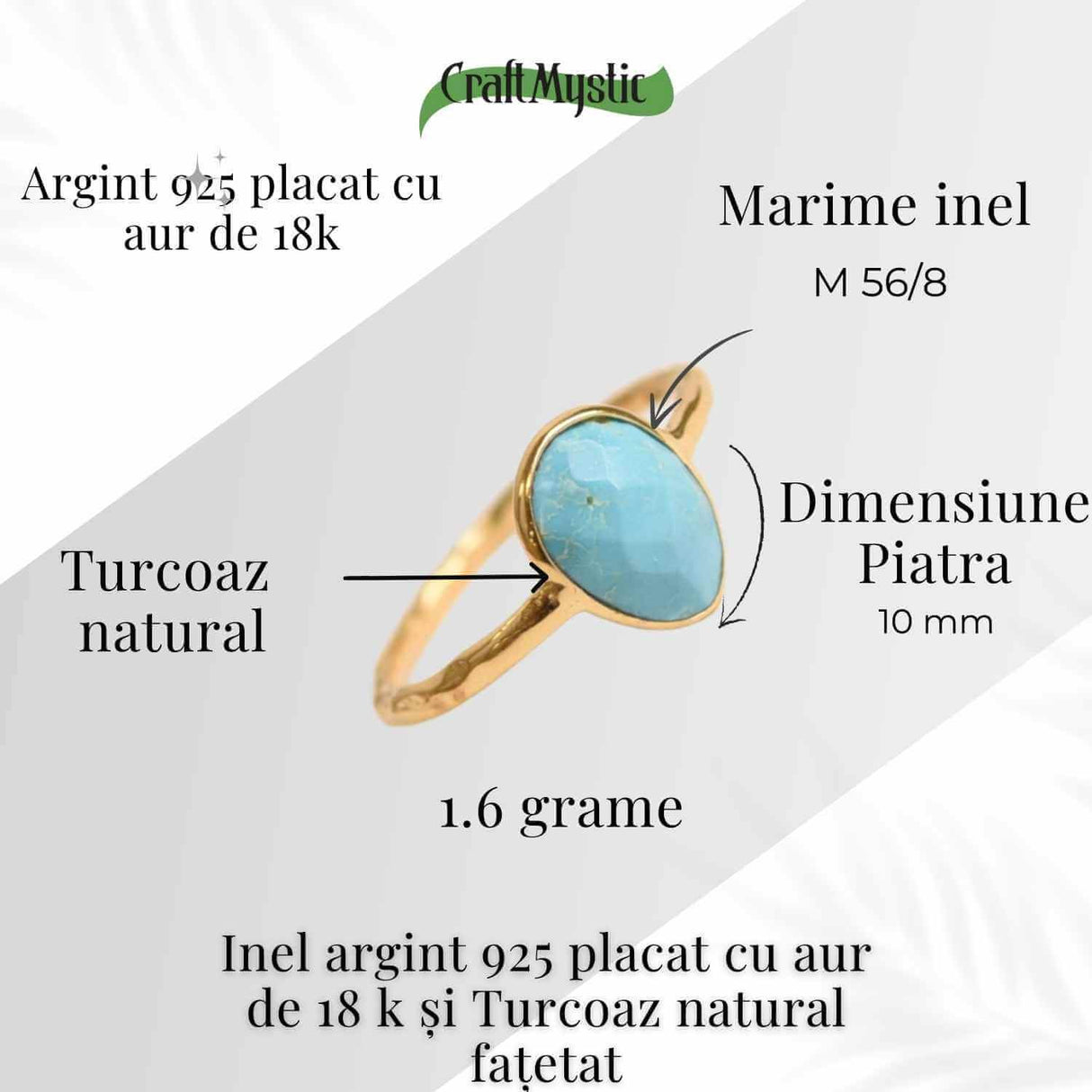 Inel argint 925 placat cu aur 18K si Turcoaz natural fatetat - Protectie, claritate și comunicare