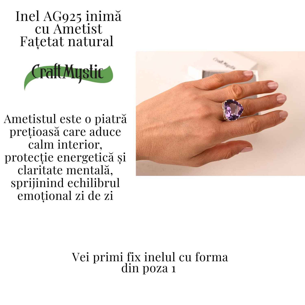 Inel din Argint 925 cu Ametist in Forma de Inima - Calm Interior si Protectie Emotionala