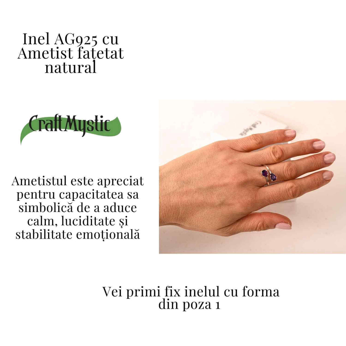 Inel reglabil din argint 925 cu dublu ametist, pentru liniste si concentrare