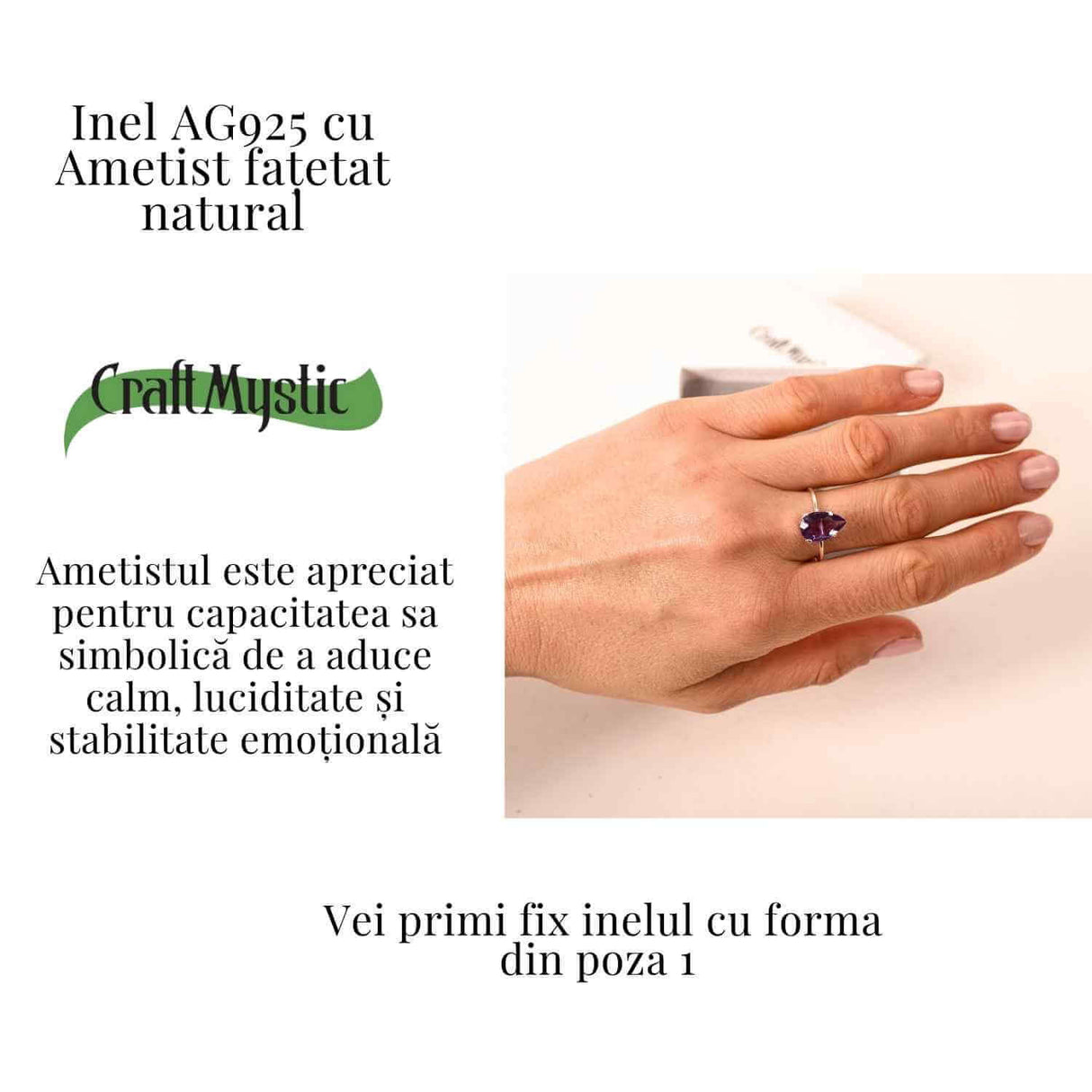 Inel reglabil din argint 925 cu ametist fatetat lacrima, pentru calm si claritate interioara