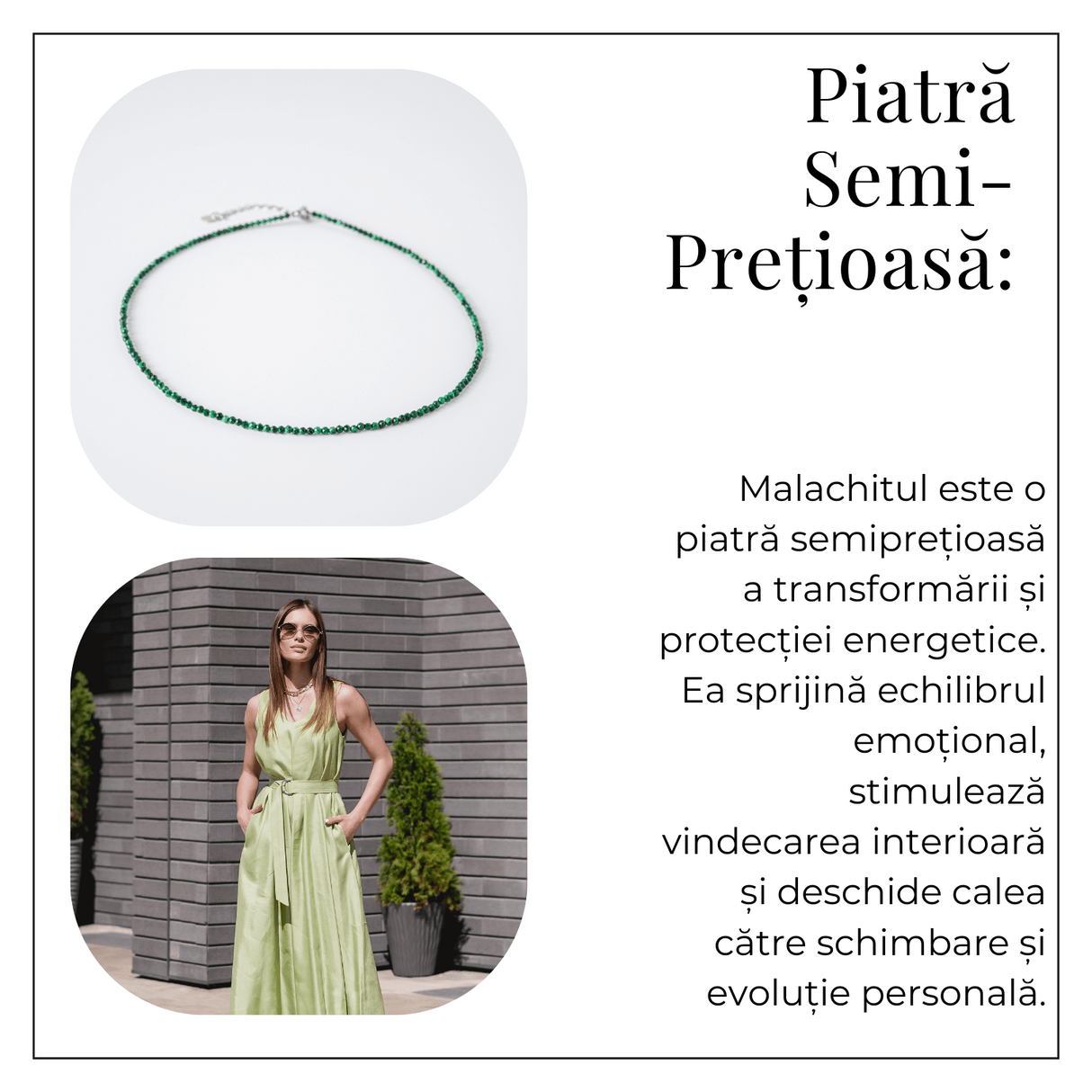 Energie si Echilibru - Choker din Otel Inoxidabil cu Malachit Natural Fatetat