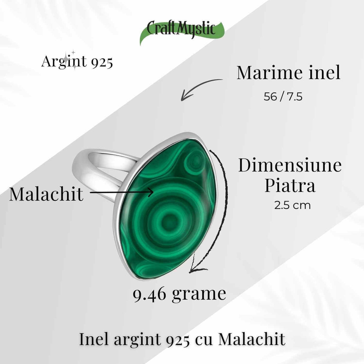 Inel din Argint 925 cu Malachit Natural 9.46 gr M56/7.5-Protectie Energetica si Echilibru Emotional pentru Transformare Interioara