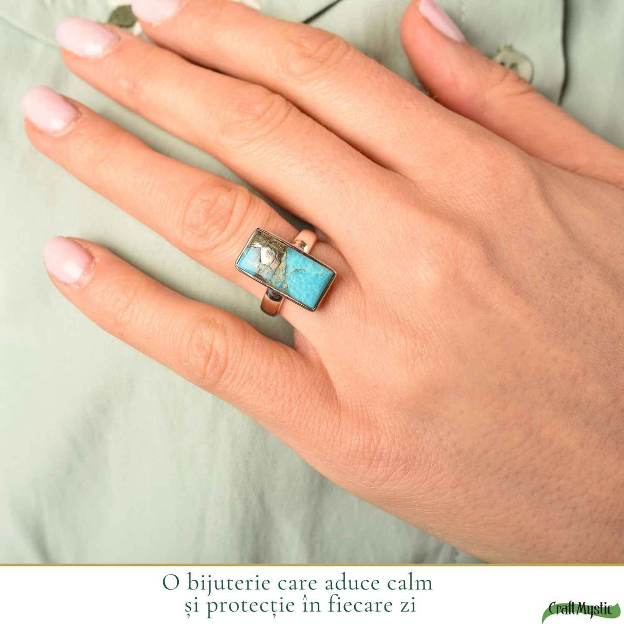 Inel Argint 925 cu Turcoaz si Pirita Dreptunghi – Protectie si Echilibru