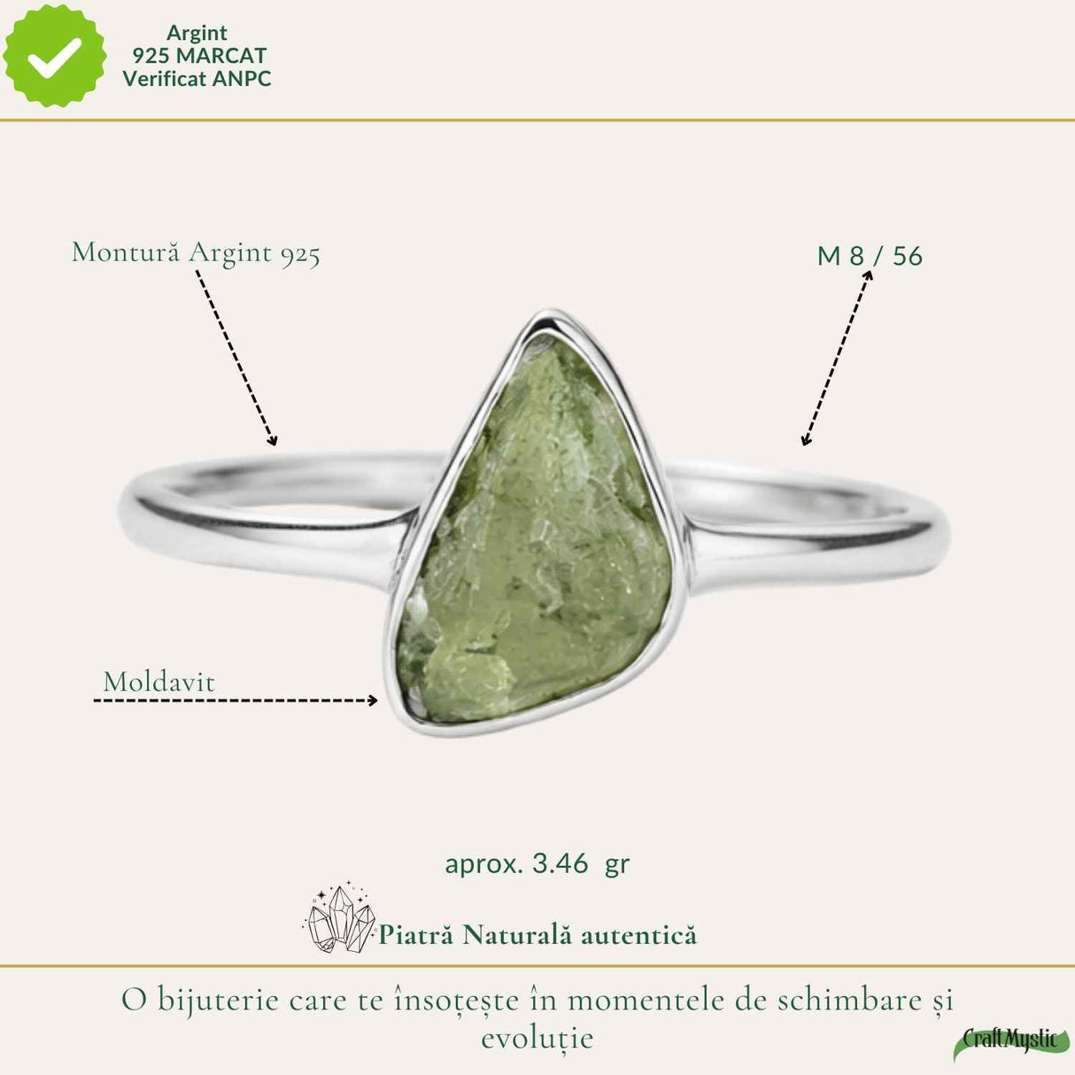 Inel Argint 925 cu Moldavit Autentic, M8/56 – Talisman pentru Crestere Spirituala si Protectie