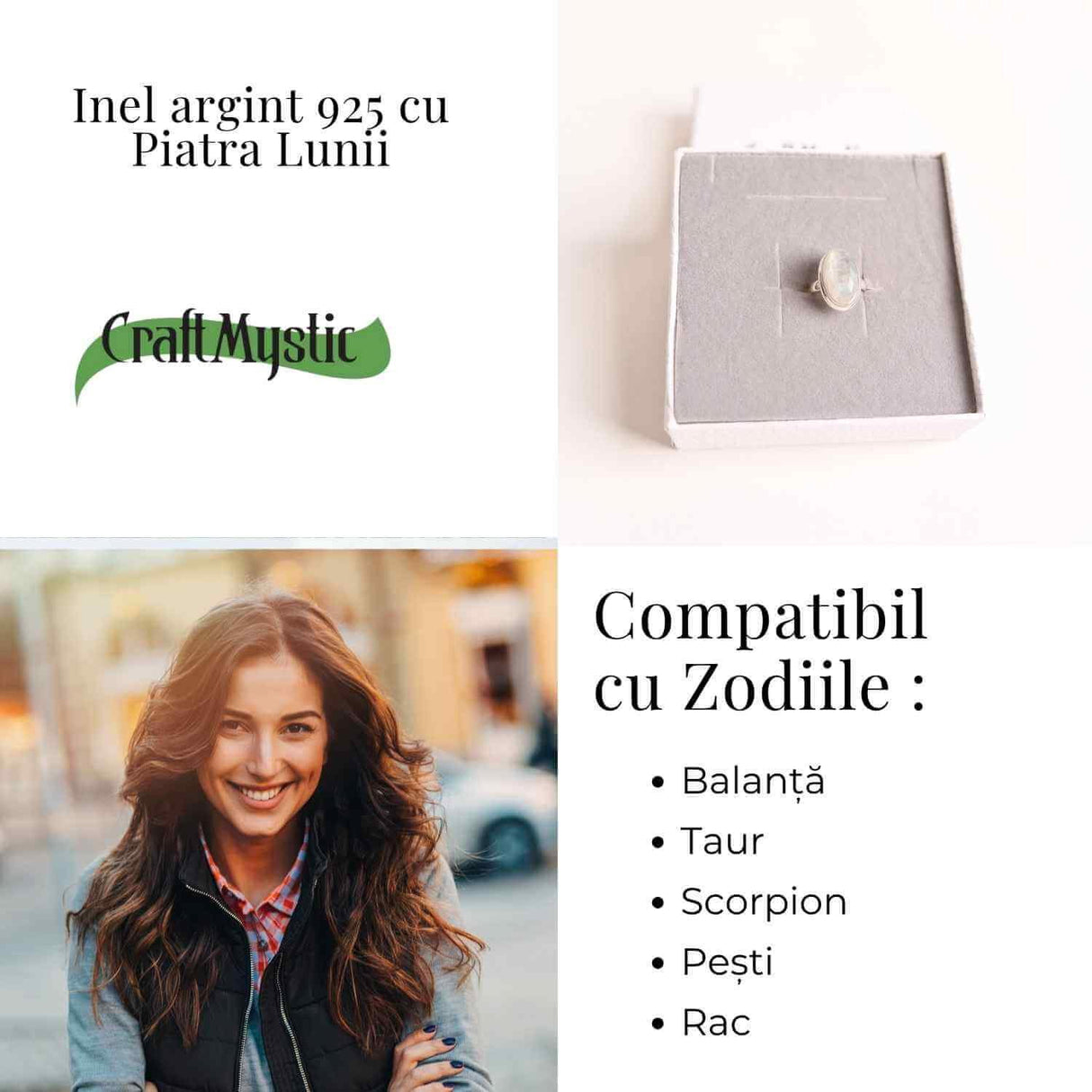 Inel din argint 925 elegant cu Piatra Lunii 7.13 gr, M57 / 8- Armonie emotionala si conexiune cu feminitatea