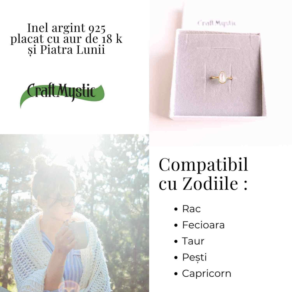 Inel cu Piatra Lunii fatetat din Argint 925 placat cu Aur de 18K 1.50 gr M53.5/7 - Intuitie Amplificata si Echilibru Emotional