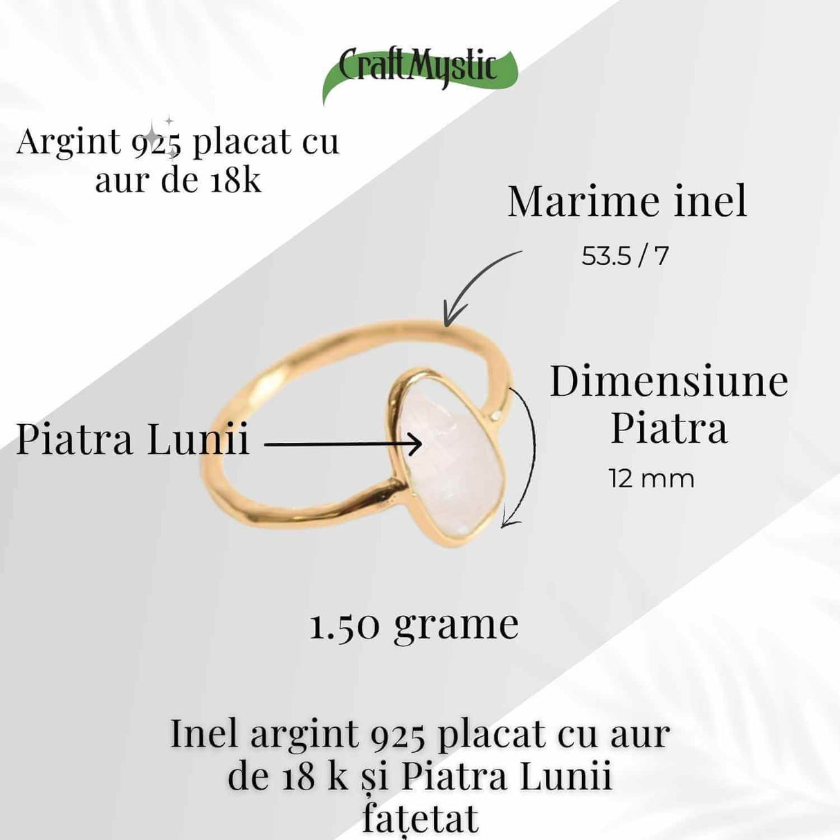 Inel cu Piatra Lunii fatetat din Argint 925 placat cu Aur de 18K 1.50 gr M53.5/7 - Intuitie Amplificata si Echilibru Emotional