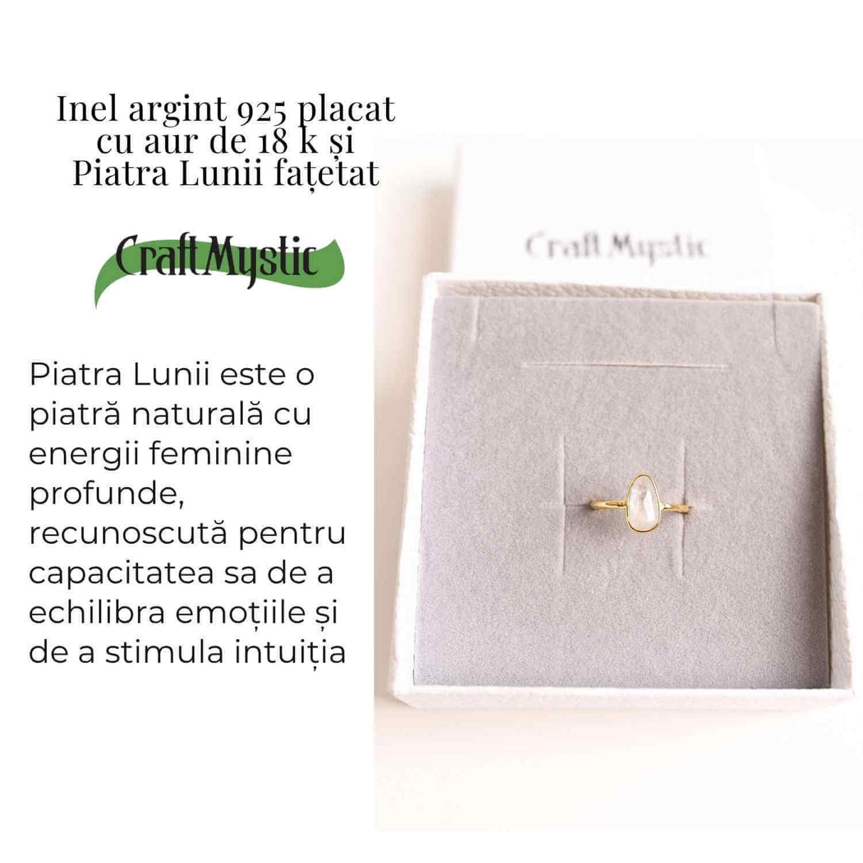 Inel cu Piatra Lunii fatetat din Argint 925 placat cu Aur de 18K 1.50 gr M53.5/7 - Intuitie Amplificata si Echilibru Emotional