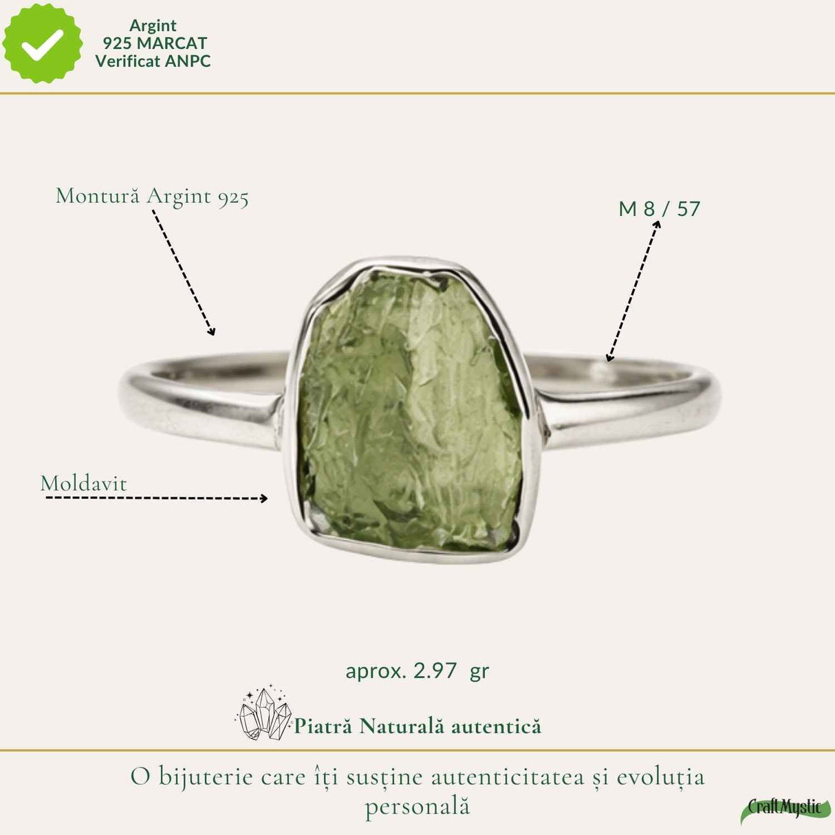 Inel Argint 925 cu Moldavit Verde Brut, M8/57 – Claritate Mentala si Energie Cosmice
