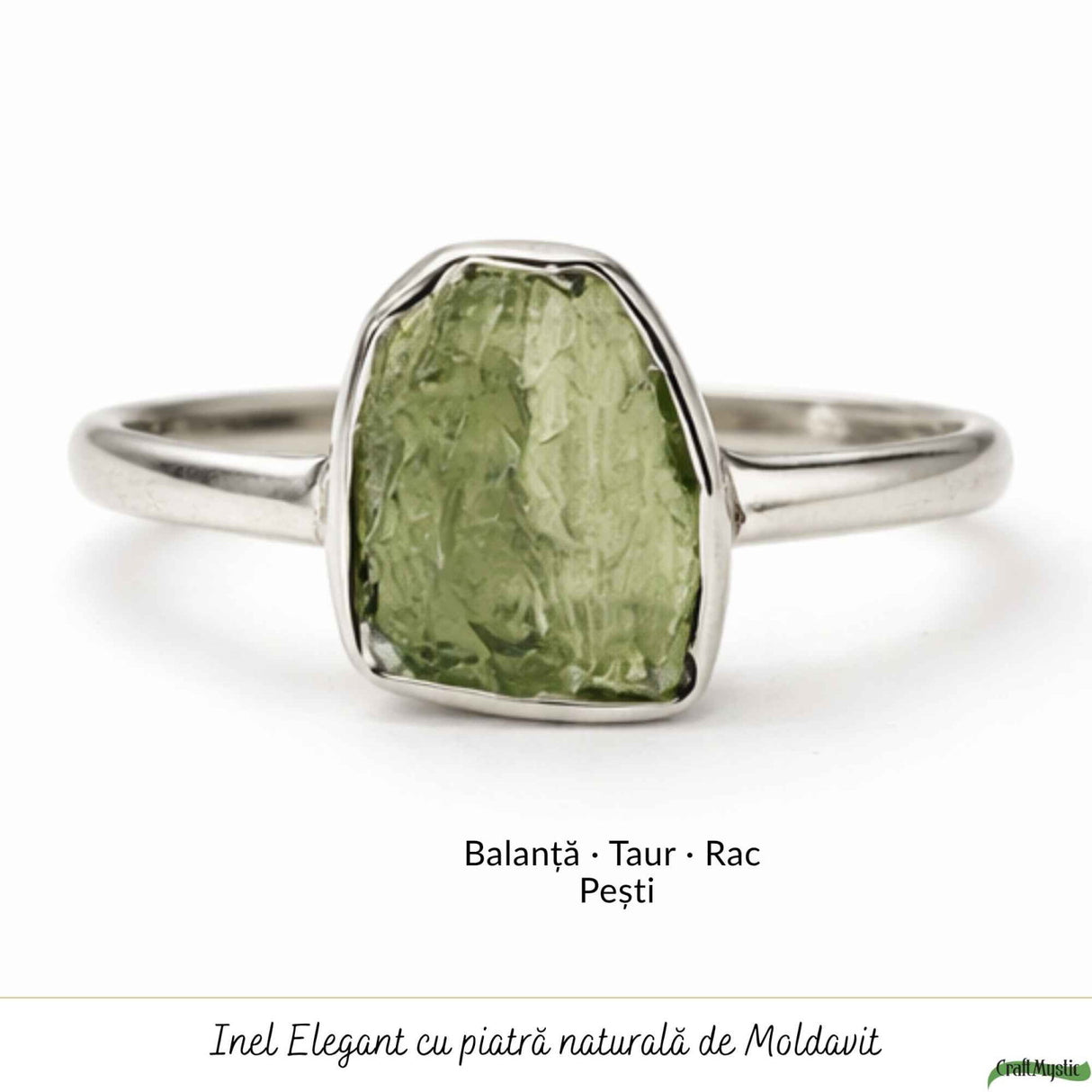 Inel Argint 925 cu Moldavit Verde Brut, M8/57 – Claritate Mentala si Energie Cosmice