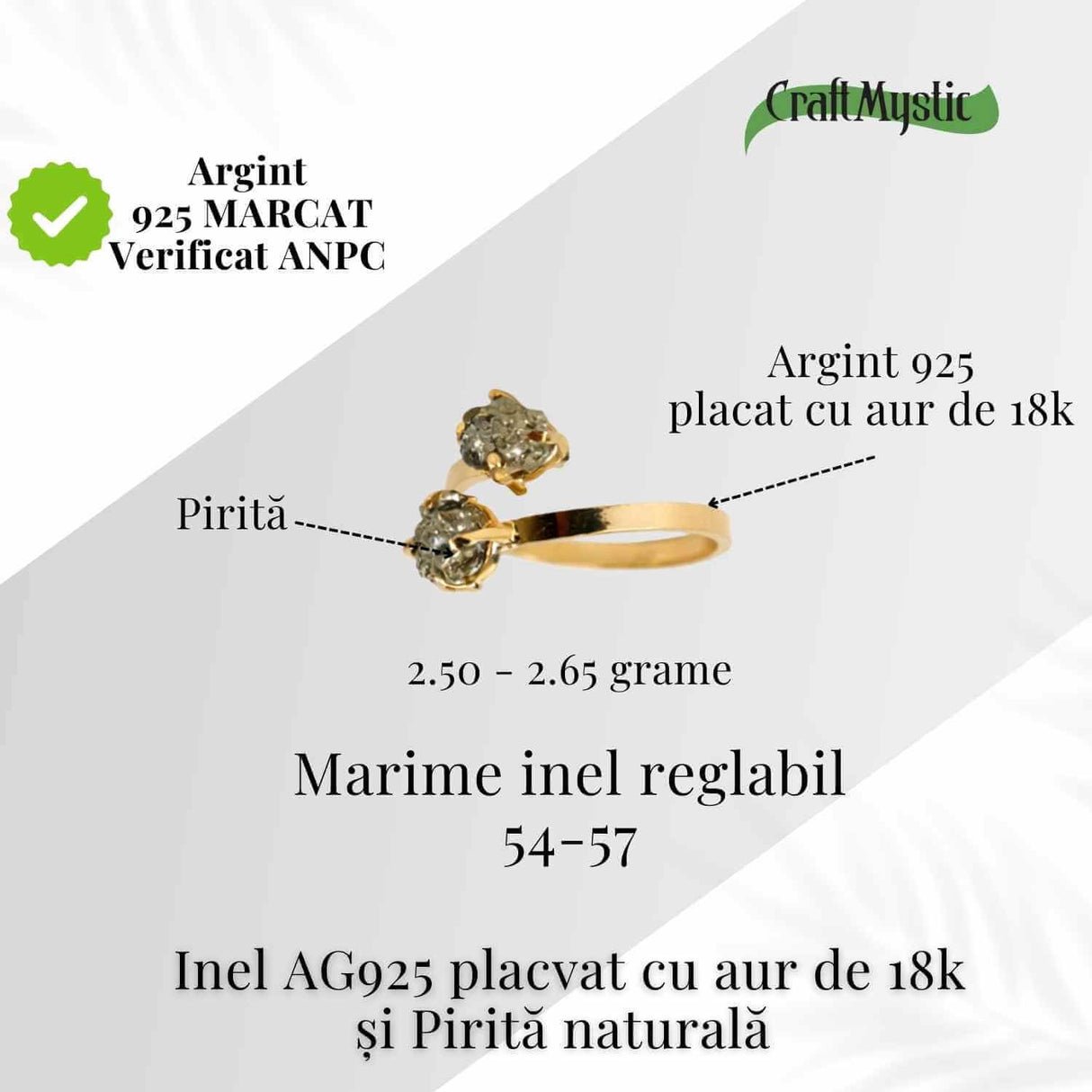 Inel Ajustabil Argint 925 placat cu aur de 18k si Dublu Pirita - Doua pietre, un singur centru interior