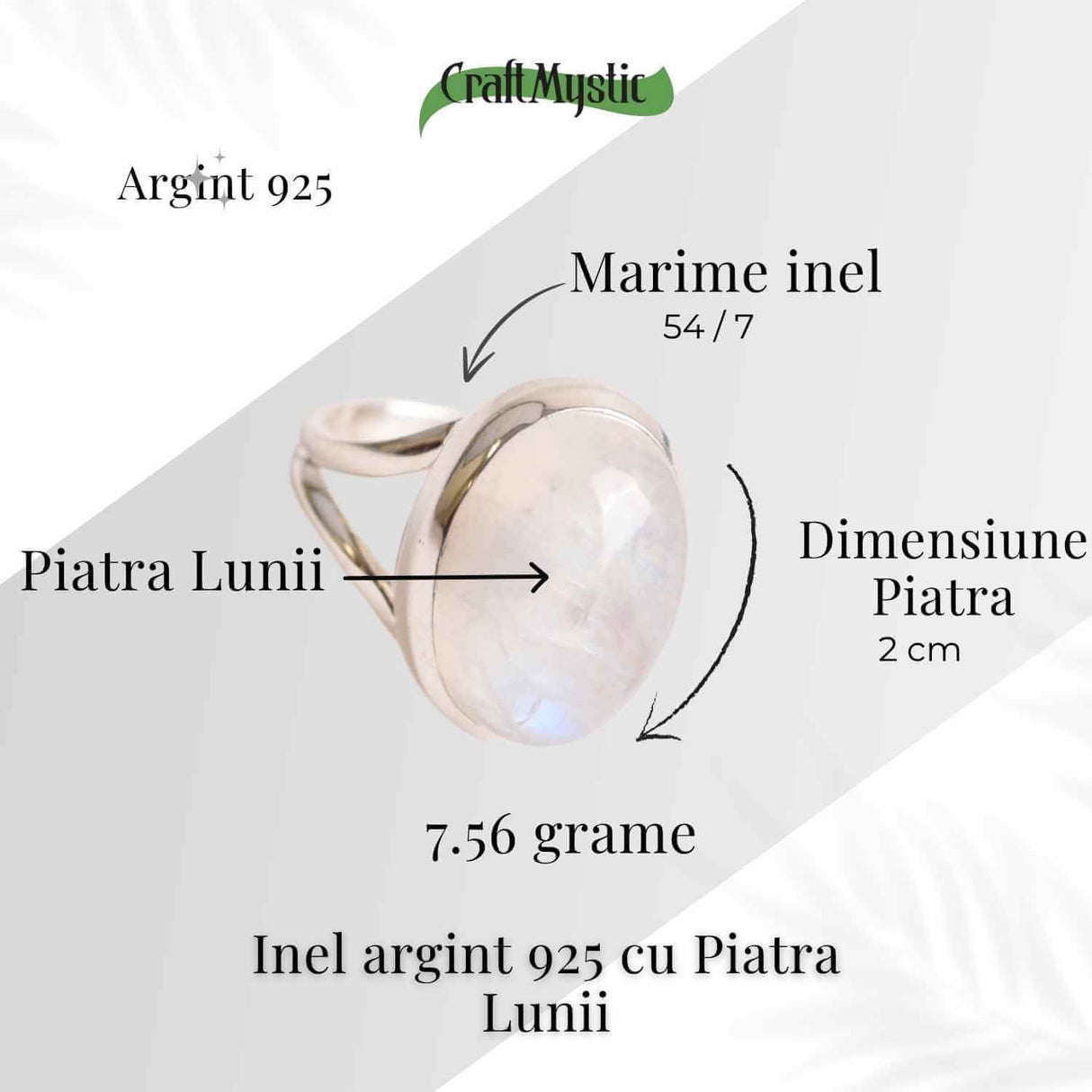 Inel din argint 925 elegant cu Piatra Lunii 7.13 gr, M57 / 8- Armonie emotionala si conexiune cu feminitatea