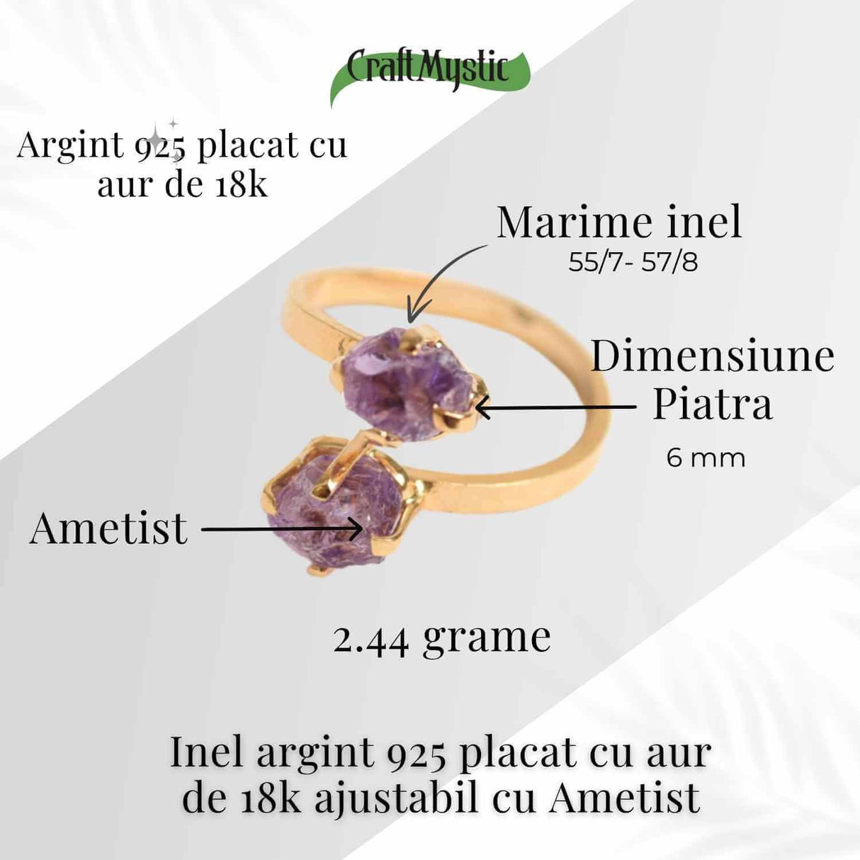 Inel Ajustabil Argint 925 placat cu Aur 18K si Dublu Ametist - Calm si Protectie Energetica