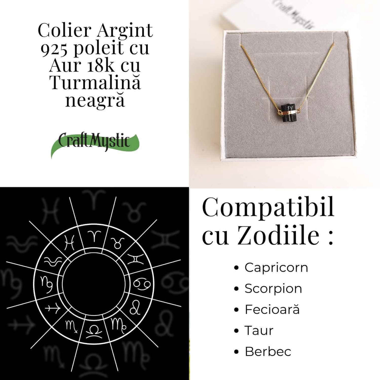 Colier Brut cu Turmalina din Argint 925 Placat cu Aur 18K - Protectie Energetica si Echilibru Emotional