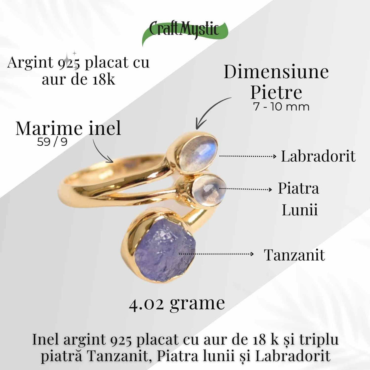 Inel din Argint 925 placat cu Aur de 18K cu Tanzanit, Piatra Lunii si Labradorit 4.02gr M59 / 9- Intuitie, Transformare si Lumina Interioara
