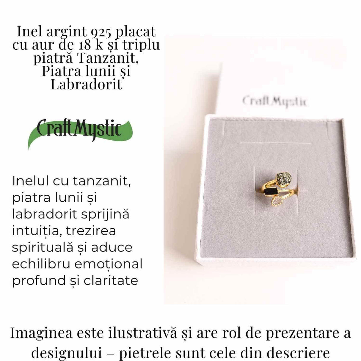 Inel din Argint 925 placat cu Aur de 18K cu Tanzanit, Piatra Lunii si Labradorit 4.02gr M59 / 9- Intuitie, Transformare si Lumina Interioara