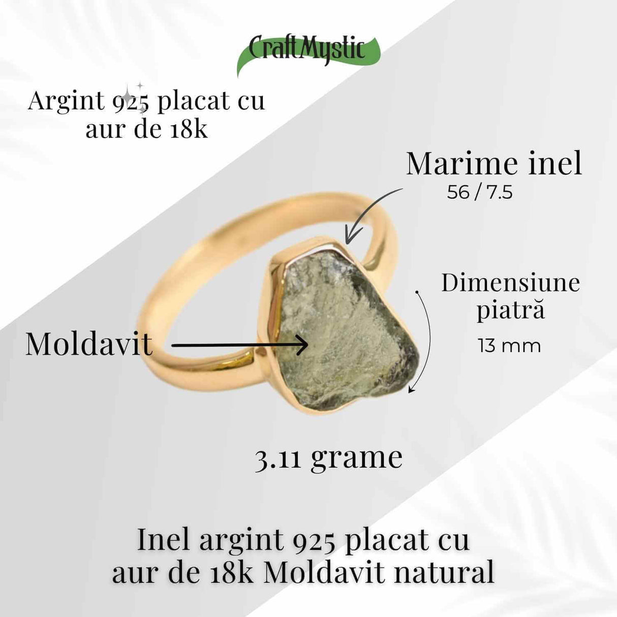 Inel cu Moldavit Natural placat cu Aur de 18K 3.11 gr 56 (EU) / 7.5 (US) - Puterea Schimbării si Evolutiei Interioare