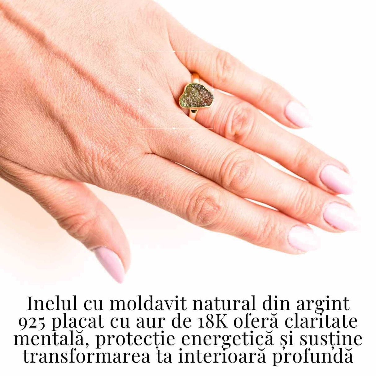 Inel cu Moldavit Natural placat cu Aur de 18K 3.11 gr 56 (EU) / 7.5 (US) - Puterea Schimbării si Evolutiei Interioare