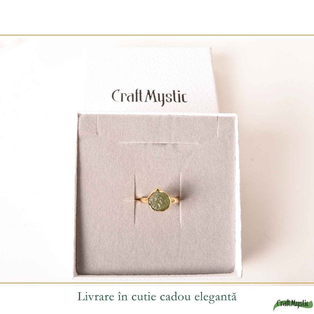 Inel Argint 925 Placat cu Aur 18K cu Moldavit Natural M8/56 – Energie si Transformare Spirituala