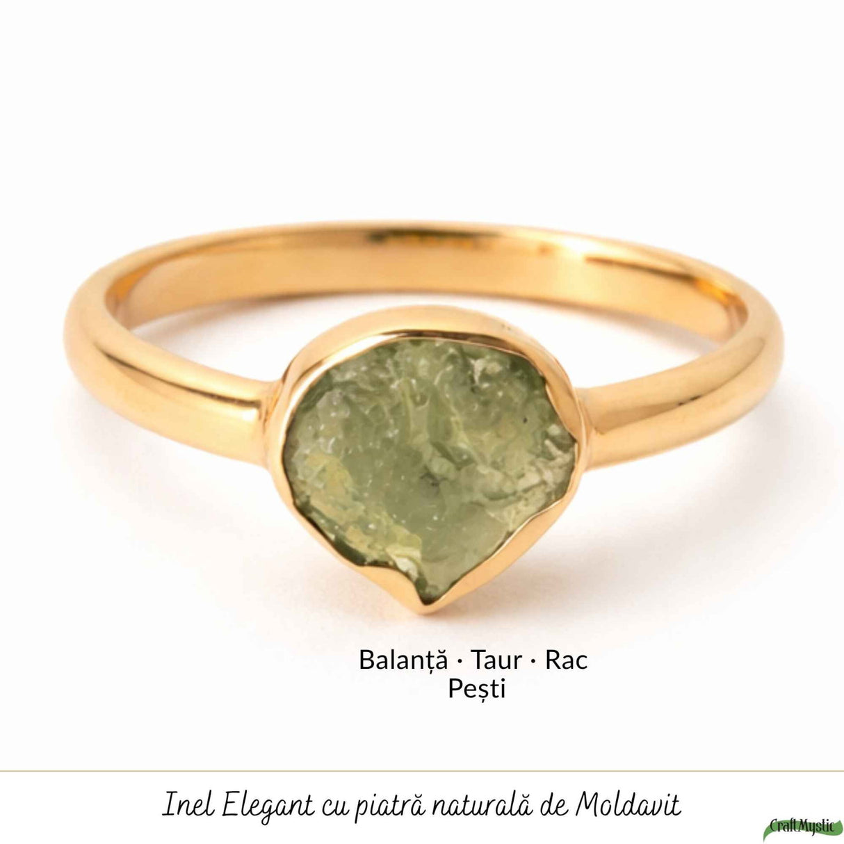 Inel Argint 925 Placat cu Aur 18K cu Moldavit Natural M8/56 – Energie si Transformare Spirituala