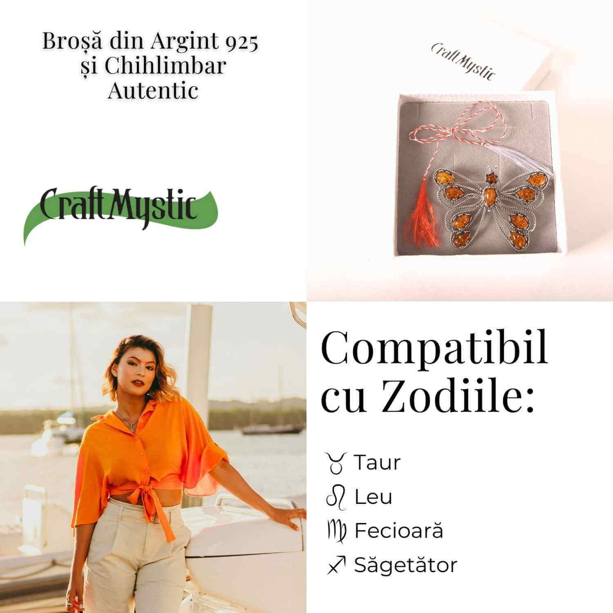 Brosa din chihlimbar forma de fluture si argint 925 - adauga caldura si rafinament tinutei tale