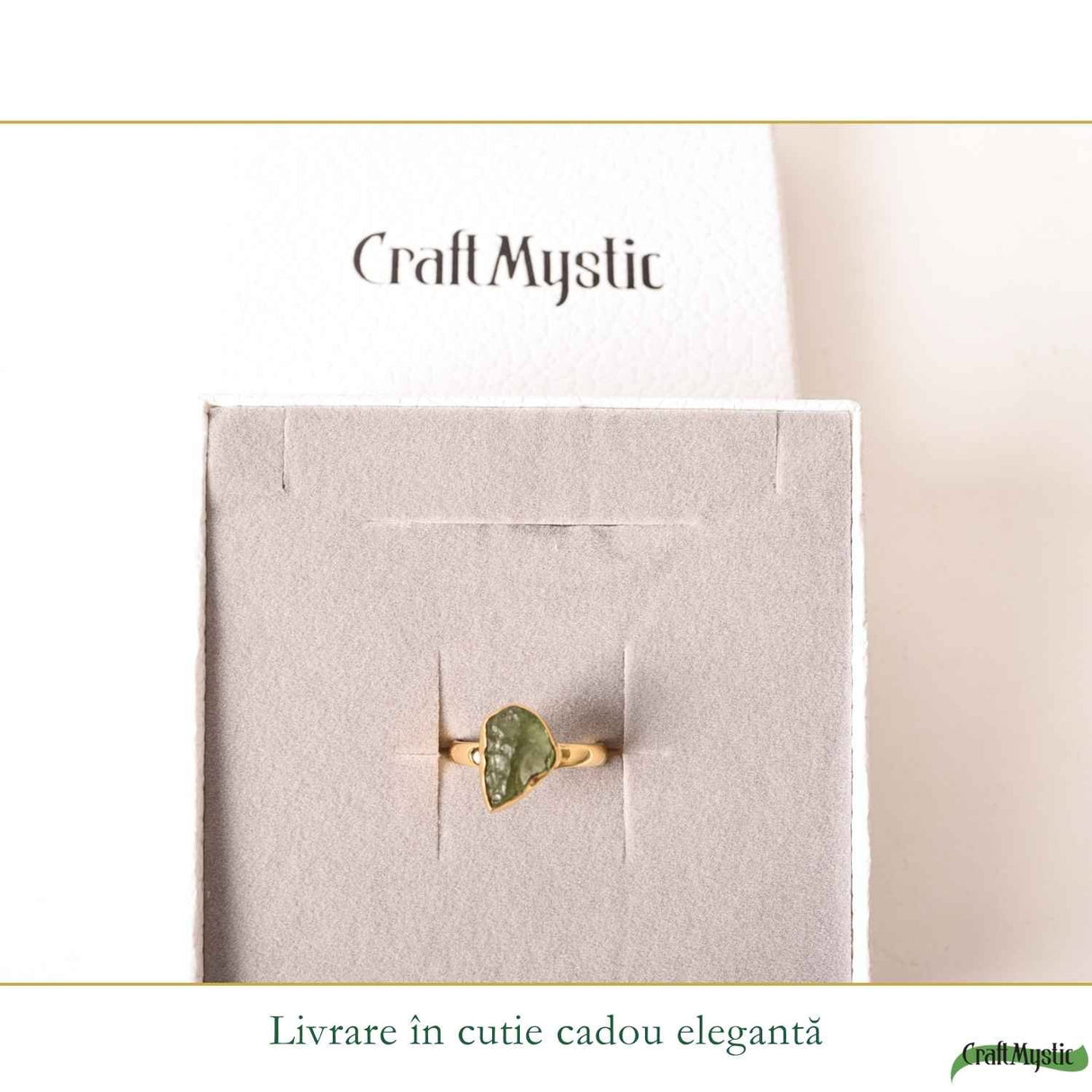 Inel Elegant cu Moldavit Brut – Argint 925 Placat cu Aur 18K, M8/56 - Transformare si Protectie