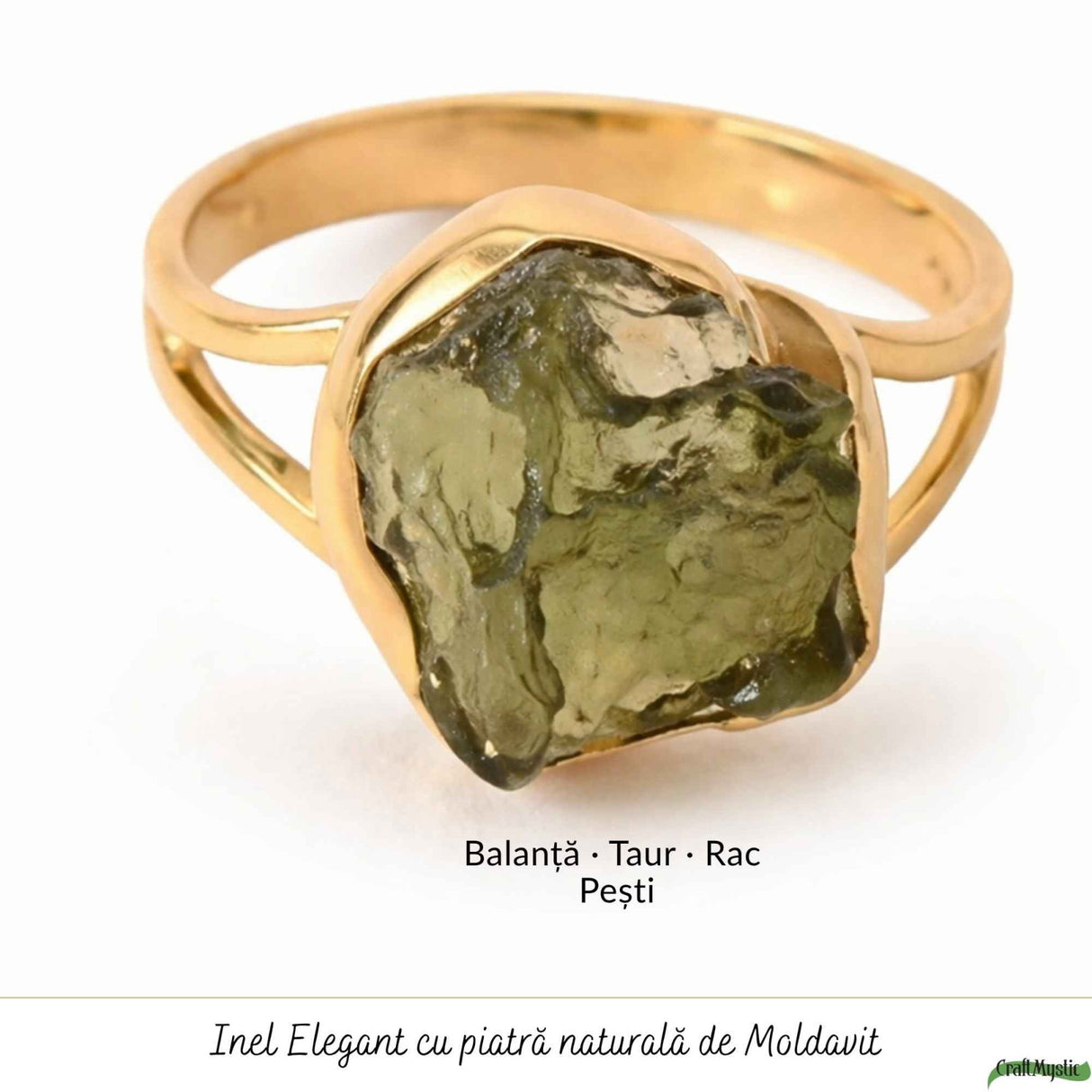 Inel elegant cu Moldavit Brut – Argint 925 Placat Aur 18K, M9.5/61- Protectie si Crestere Interioara