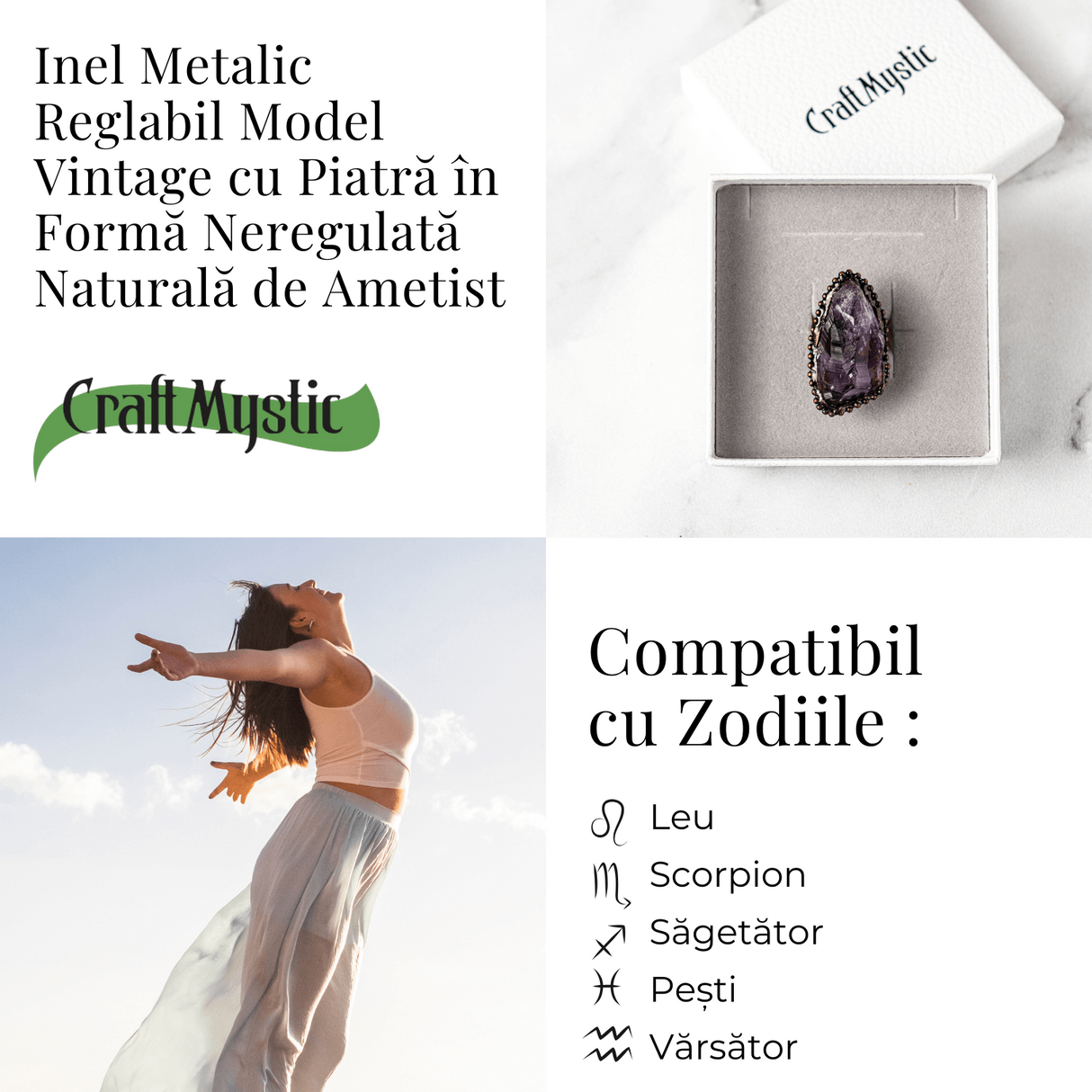 Inel Reglabil Vintage cu Ametist Natural - Claritate si Echilibru