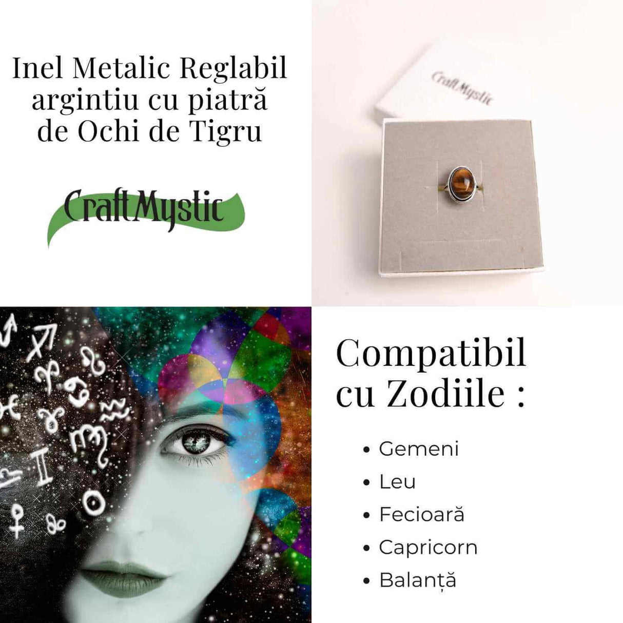 Inel ajustabil argintiu cu Ochi de Tigru - putere si protectie