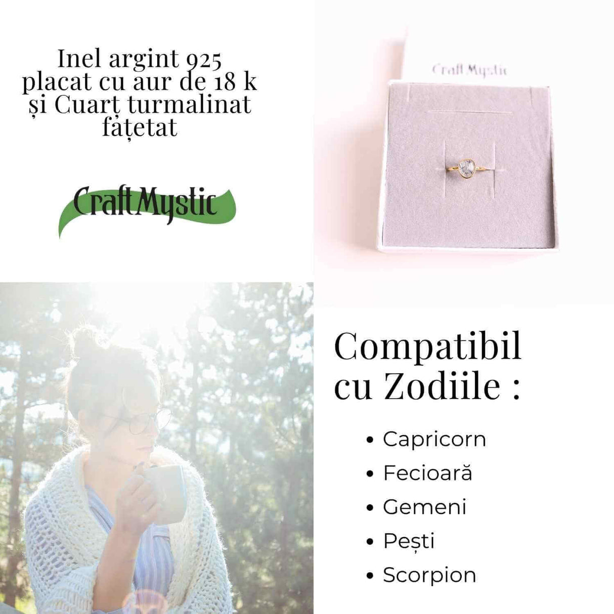 Inel cu Cuart Turmalina Fatetat din Argint 925 placat cu Aur de 18K 1.68 gr M58.5/8.5- Protectie Energetica si Claritate Interioara