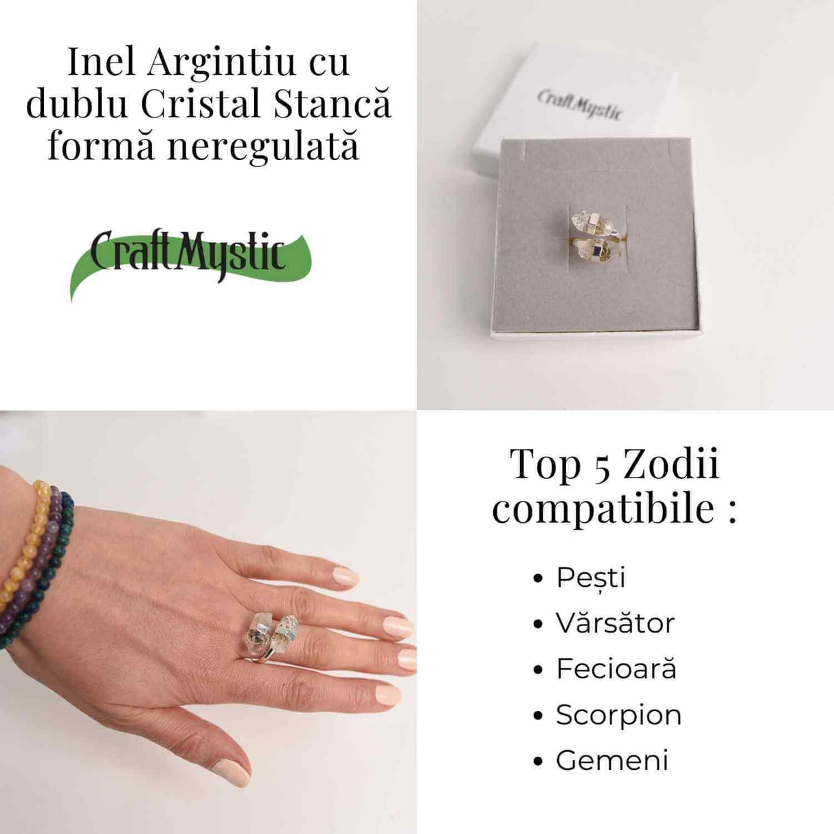 Inel Argintiu Reglabil cu Dublu Cristal Stanca - Claritate si Armonie