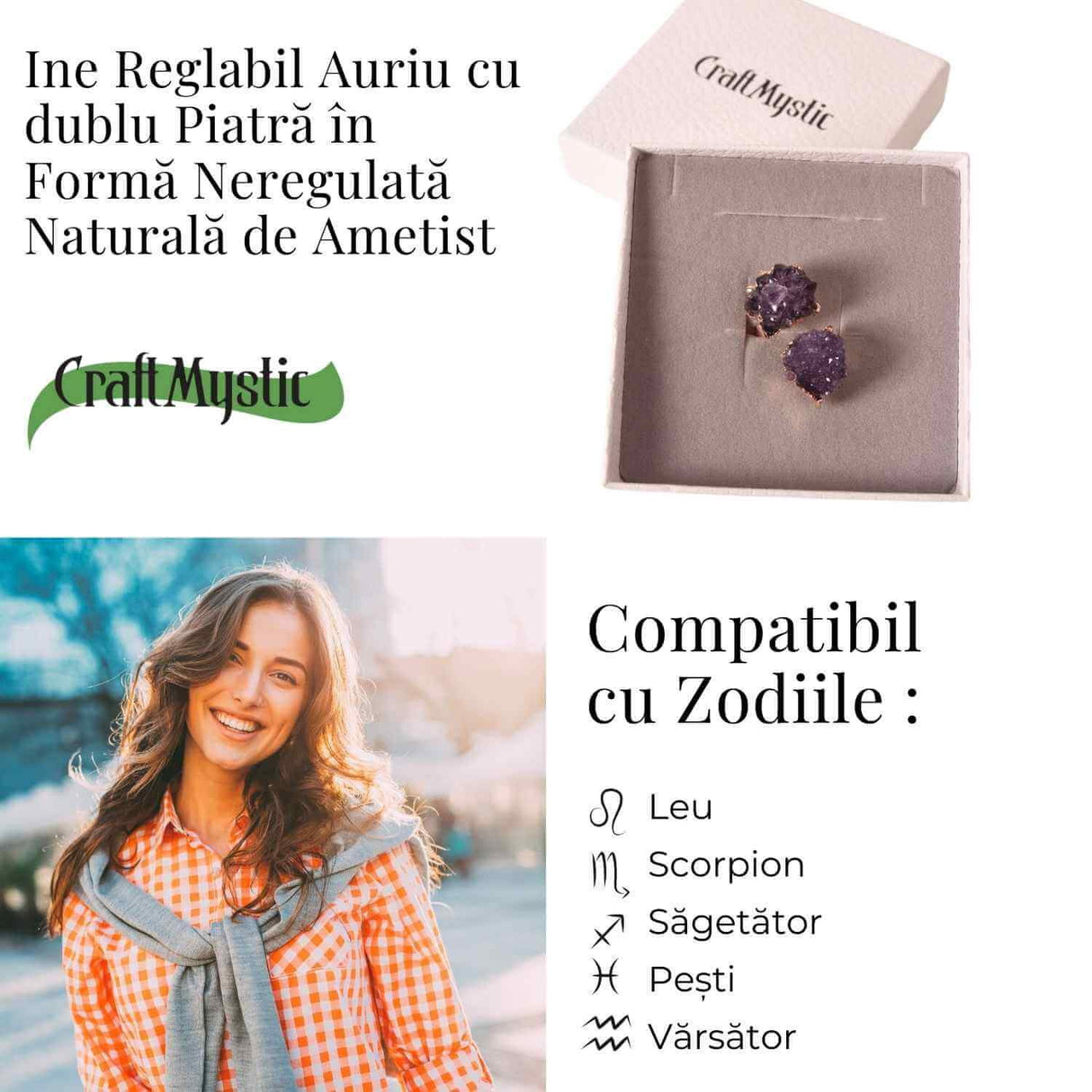 Inel usor Reglabil Auriu cu Dublu Ametist Natural Brut - Claritate Mentals si Echilibru Emotional