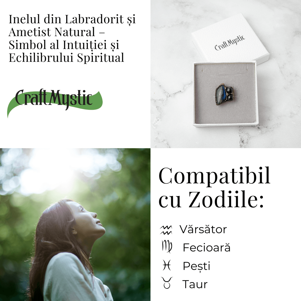 Inel Reglabil din Labradorit si Ametist Natural - Simbol al Intuitiei si Echilibrului Spiritual