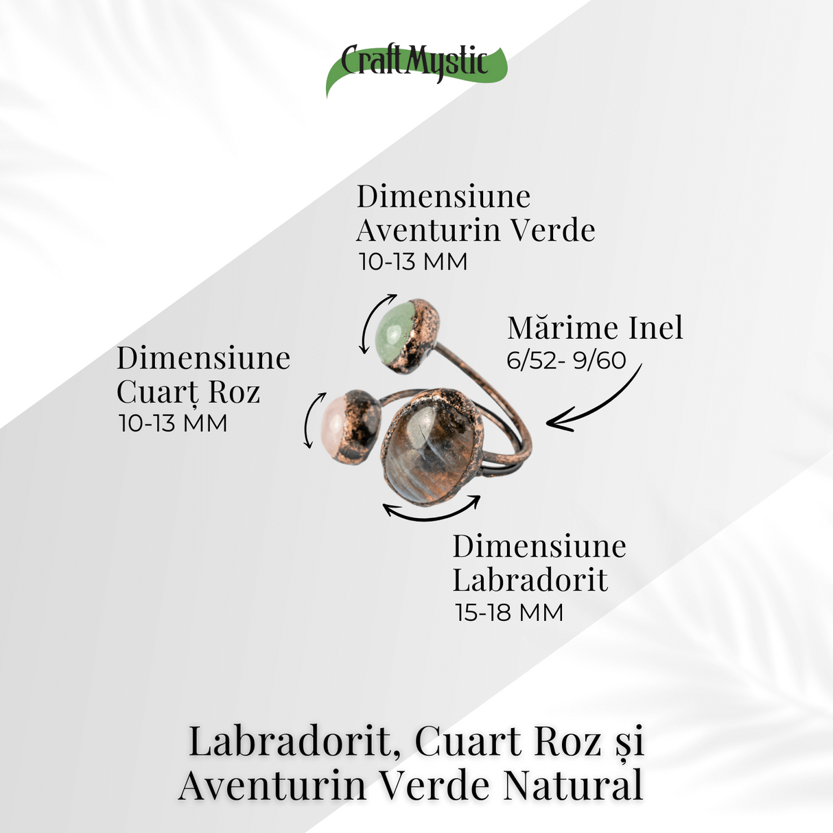 Inel reglabil din cupru cu Labradorit, Cuart Roz si Aventurin Verde natural - Armonie, iubire si prosperitate