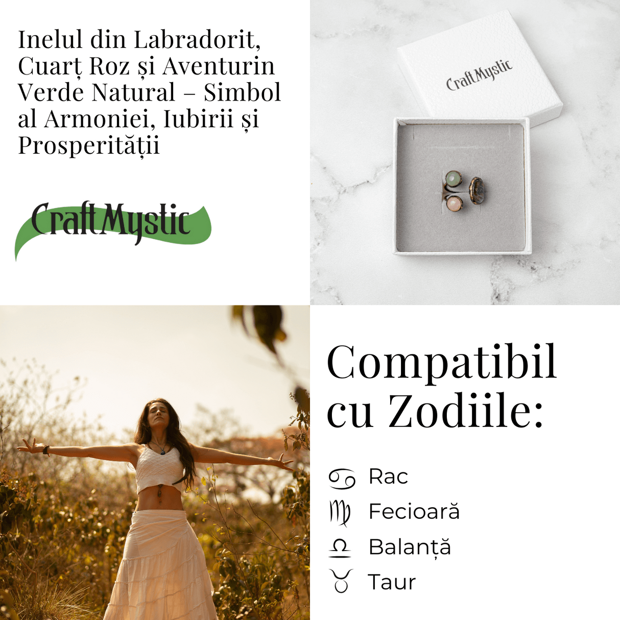 Inel reglabil din cupru cu Labradorit, Cuart Roz si Aventurin Verde natural - Armonie, iubire si prosperitate