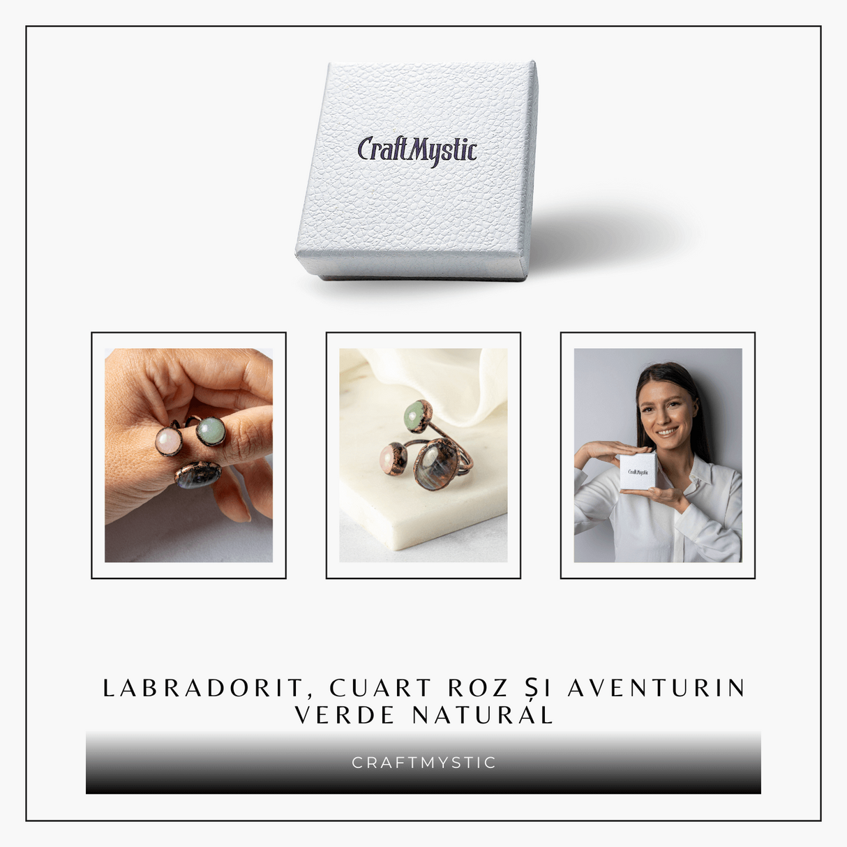 Inel reglabil din cupru cu Labradorit, Cuart Roz si Aventurin Verde natural - Armonie, iubire si prosperitate