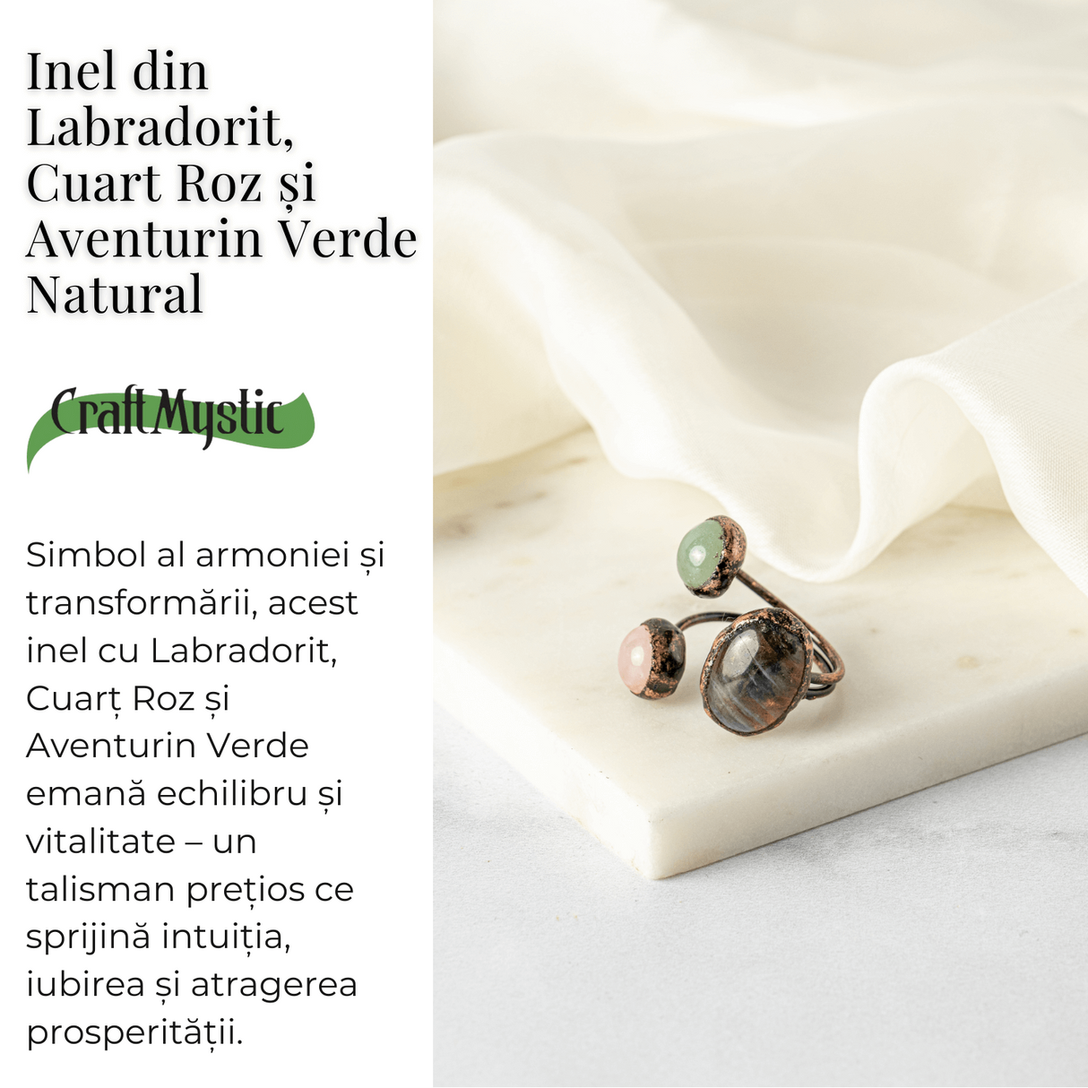Inel reglabil din cupru cu Labradorit, Cuart Roz si Aventurin Verde natural - Armonie, iubire si prosperitate
