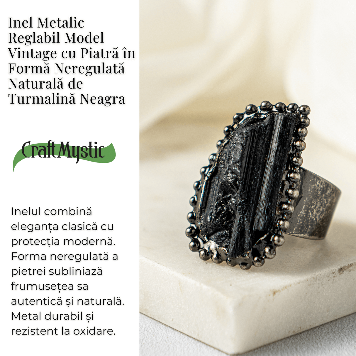 Inel Reglabil Vintage cu Turmalina Neagra - Protectie Energetica