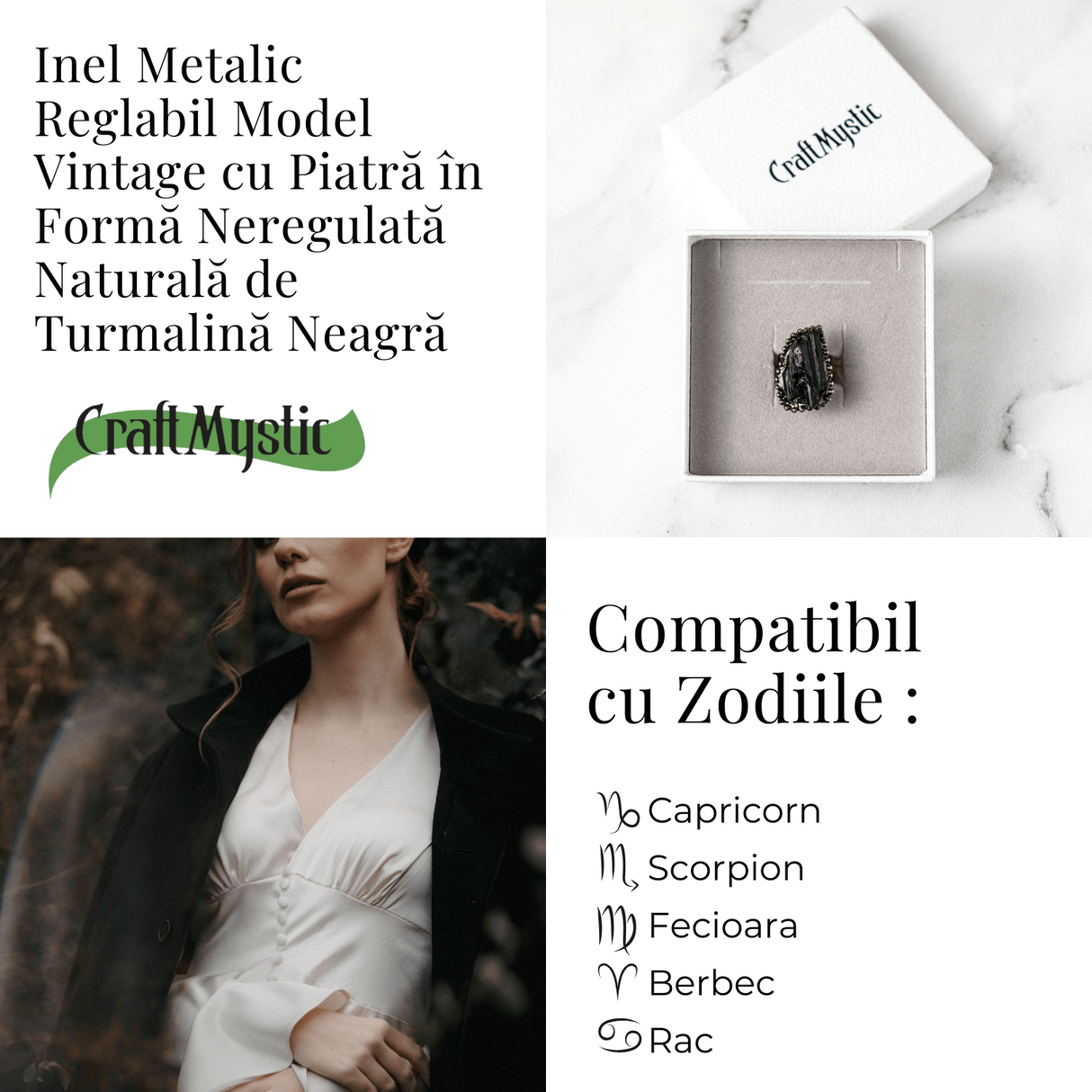 Inel Reglabil Vintage cu Turmalina Neagra - Protectie Energetica