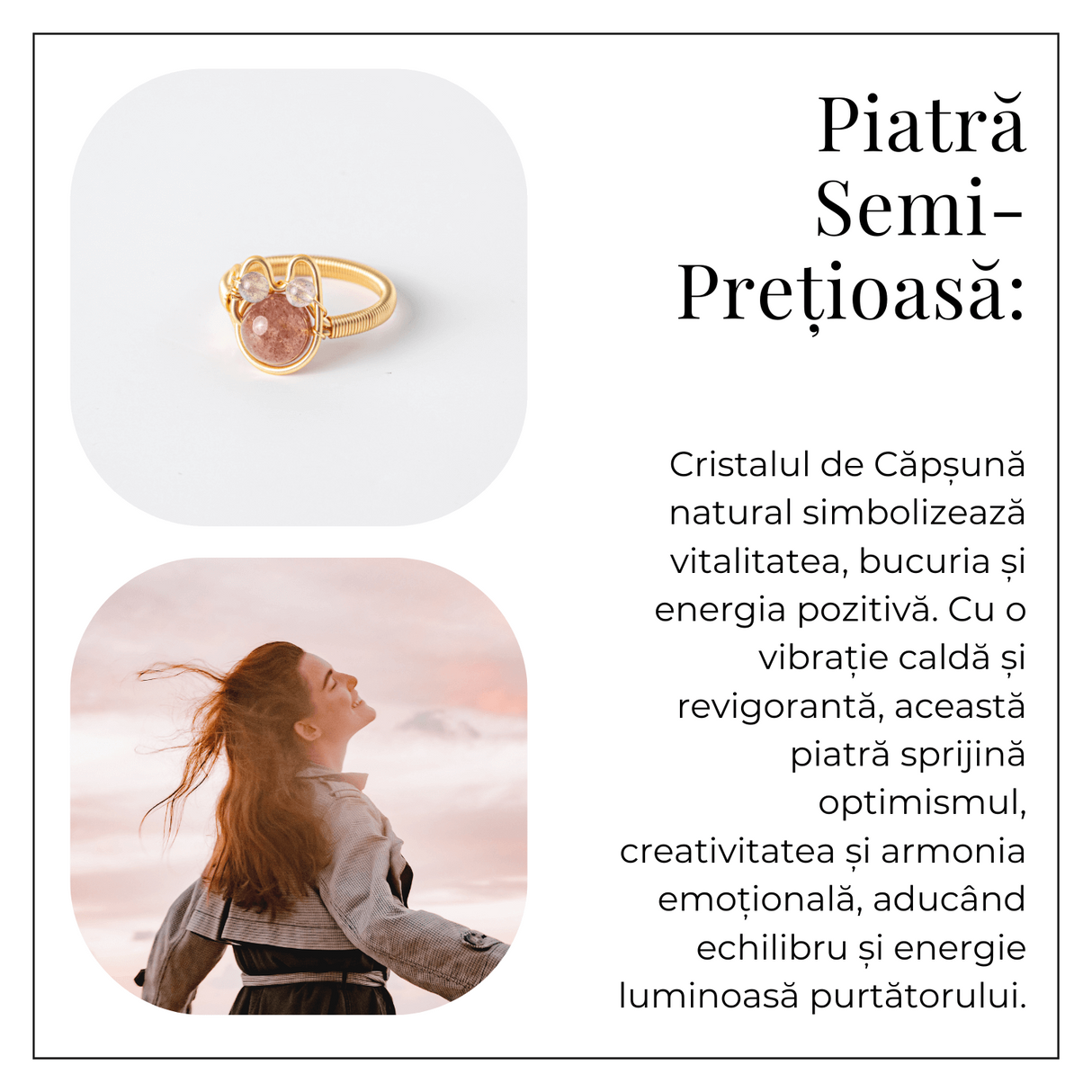Inel cu Cristal de Capsuna Natural si Cupru - Simbol al Vitalitatii si Bucuriei Interioare